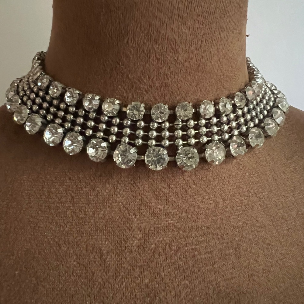 Vtg Rachel Zoe Box of Style Silver Rhinestone Statement Choker Necklace 14-18"